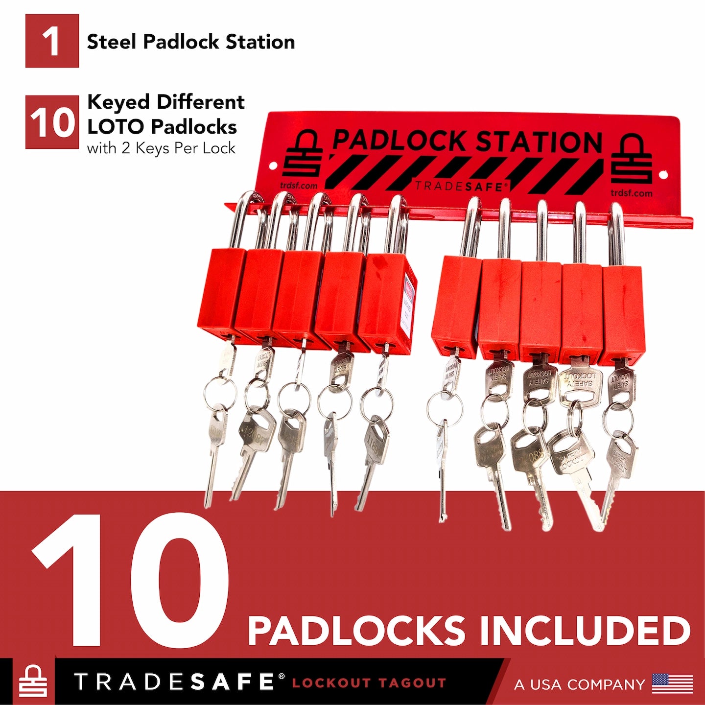 infographic of a padlock station with 10 loto padlocks indicating components and quantities