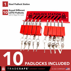 infographic of a padlock station with 10 loto padlocks indicating components and quantities