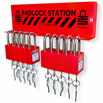 eye-level slanted view of a red padlock station stocked with 10 padlocks with 2 keys each