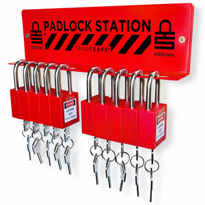 eye-level slanted view of a red padlock station stocked with 10 padlocks with 2 keys each