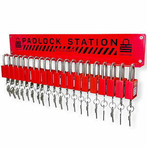 eye-level slanted view of a red padlock station stocked with 20 padlocks with 2 keys each