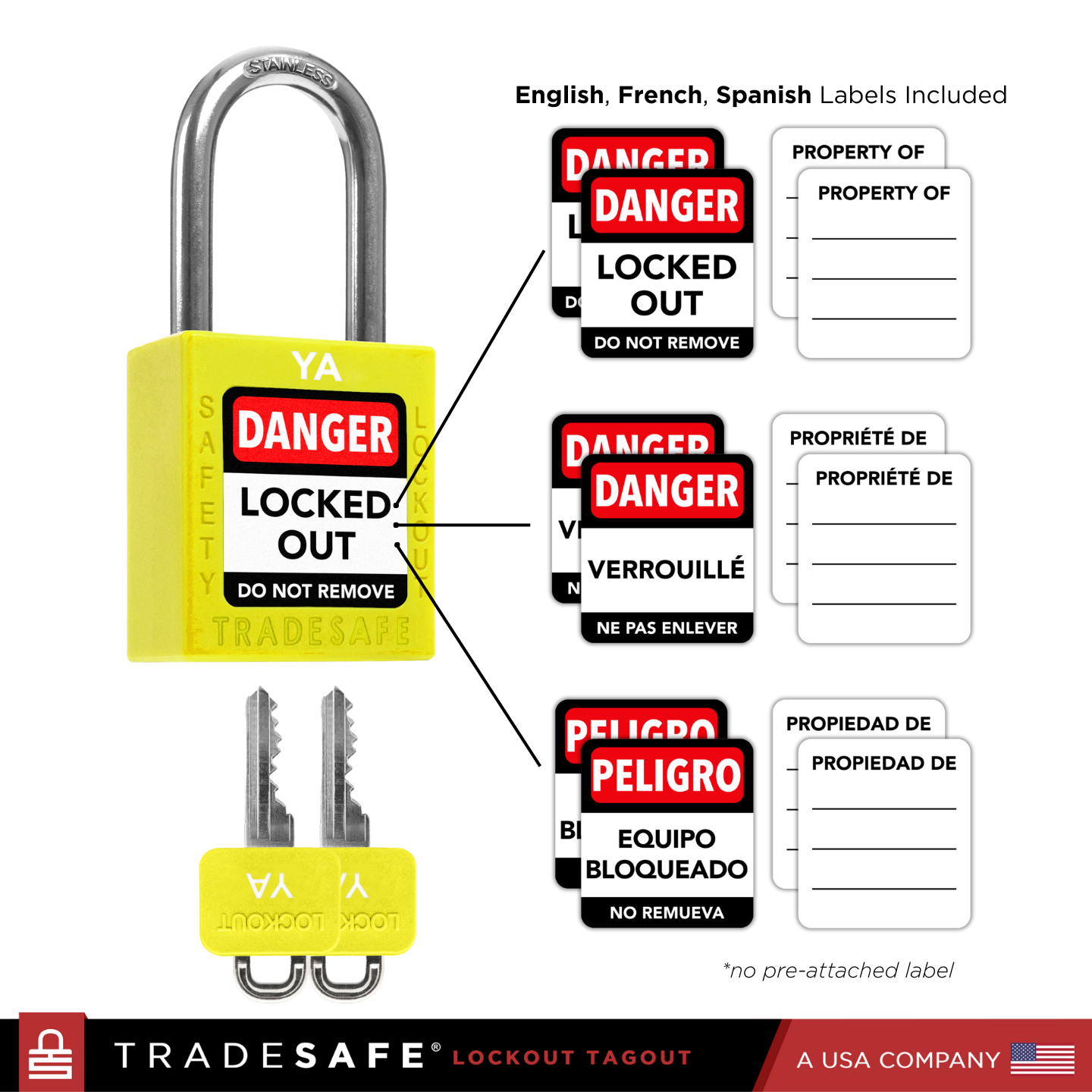 infographic: yellow loto lock with english, french, spanish labels included