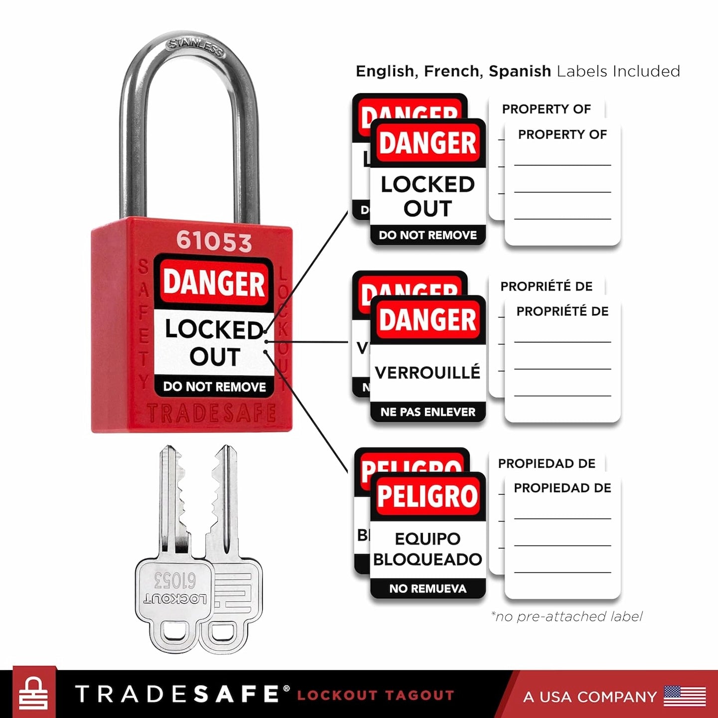 lockout tagout padlock with english french spanish labels included