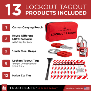infographic of Lockout Tagout kit indicating components and quantities of each