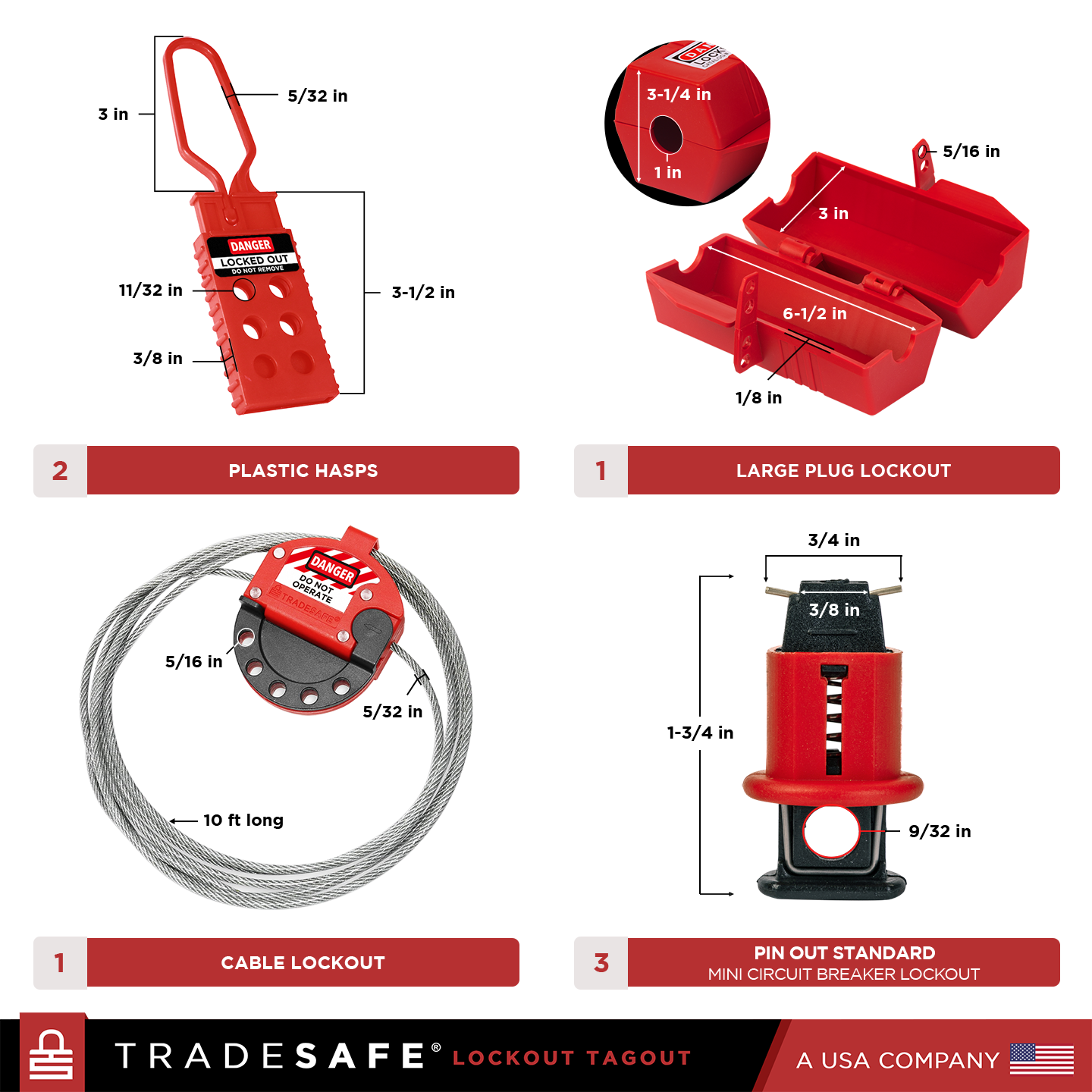 dimensions and quantities of hasp, cable lock, plug lock, and mini circuit breaker lock