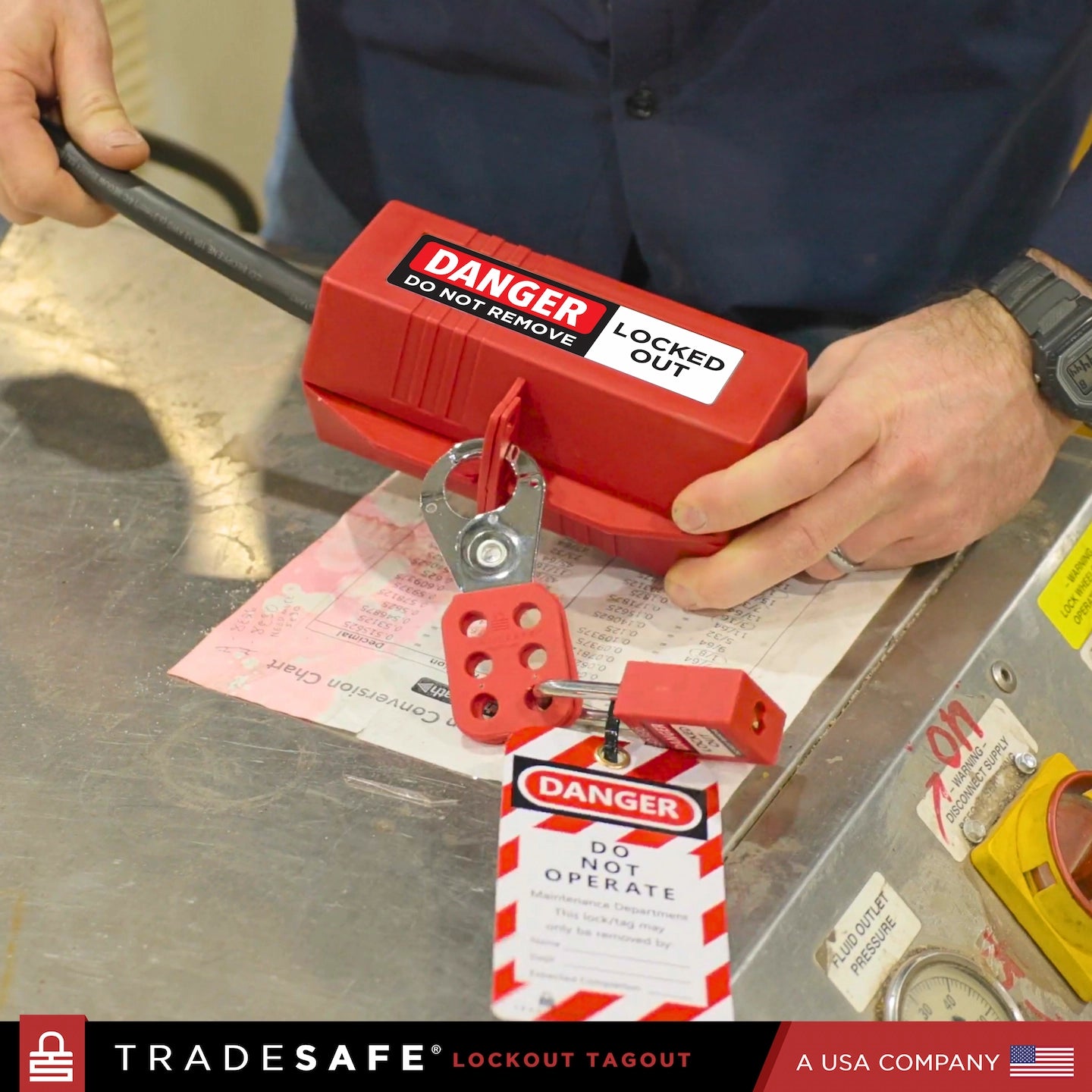 large red plug lockout tagout device with hasp, loto tag and padlock