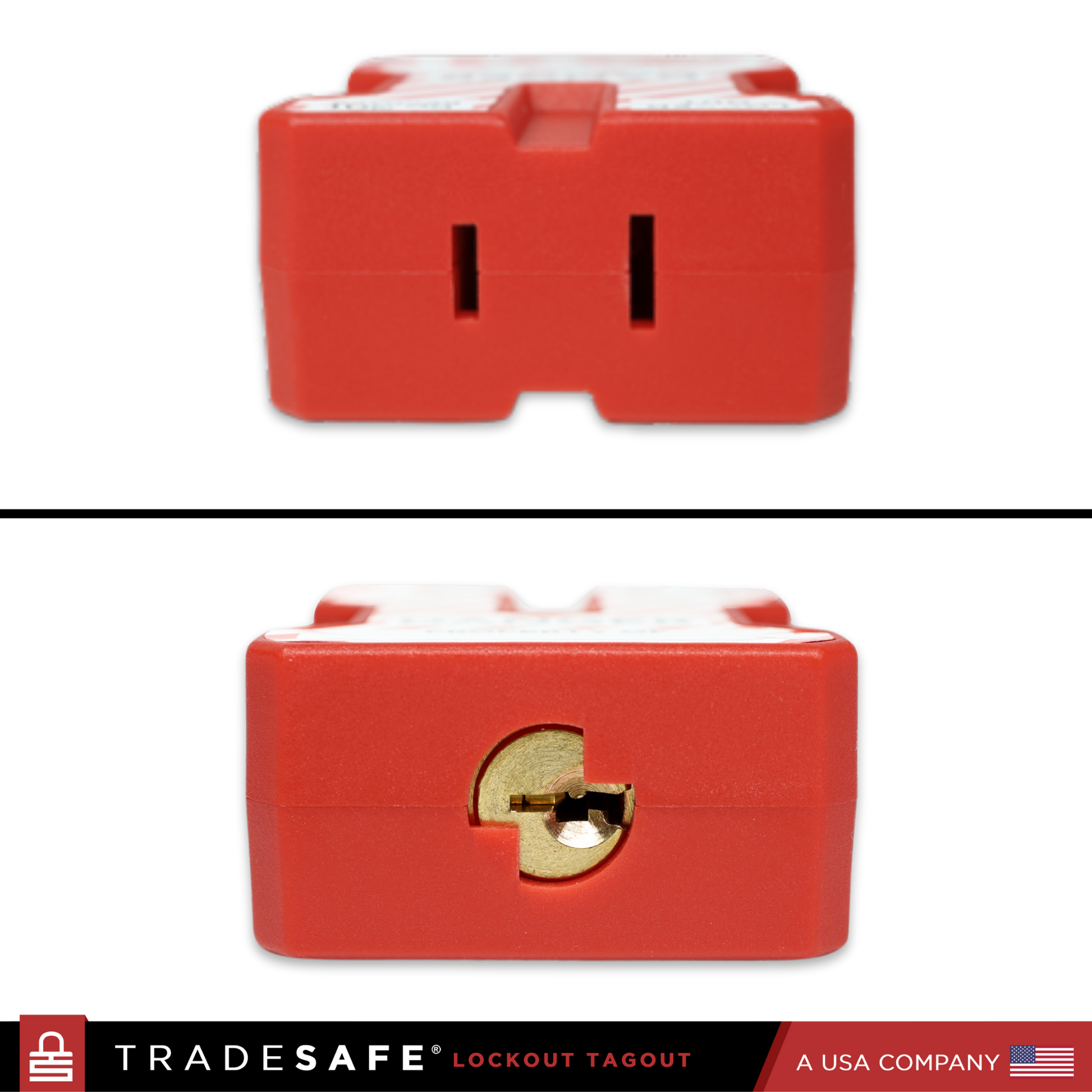 top and bottom close up view of power plug extension cord lockout