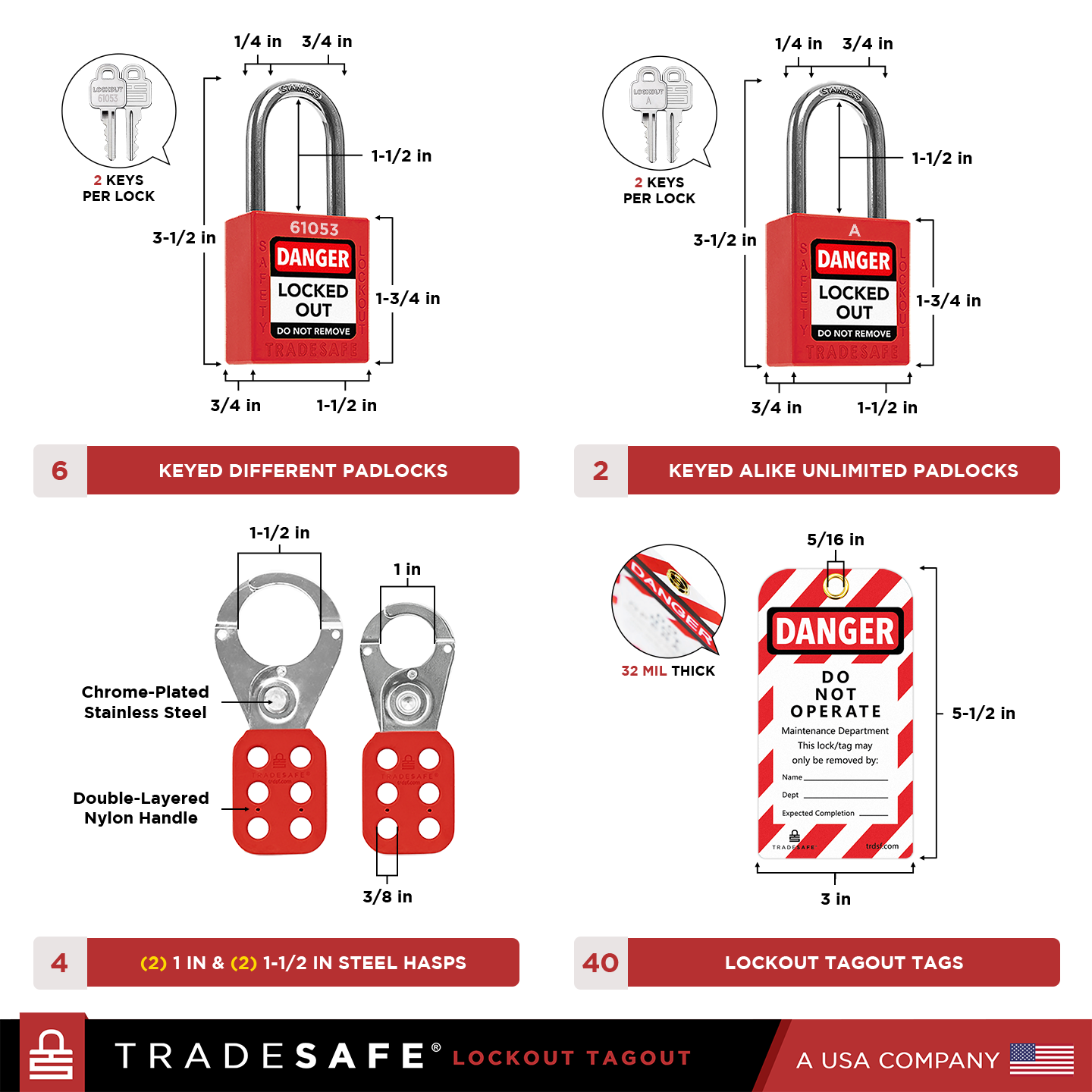 dimensions and quantities of hasps, tags, and locks