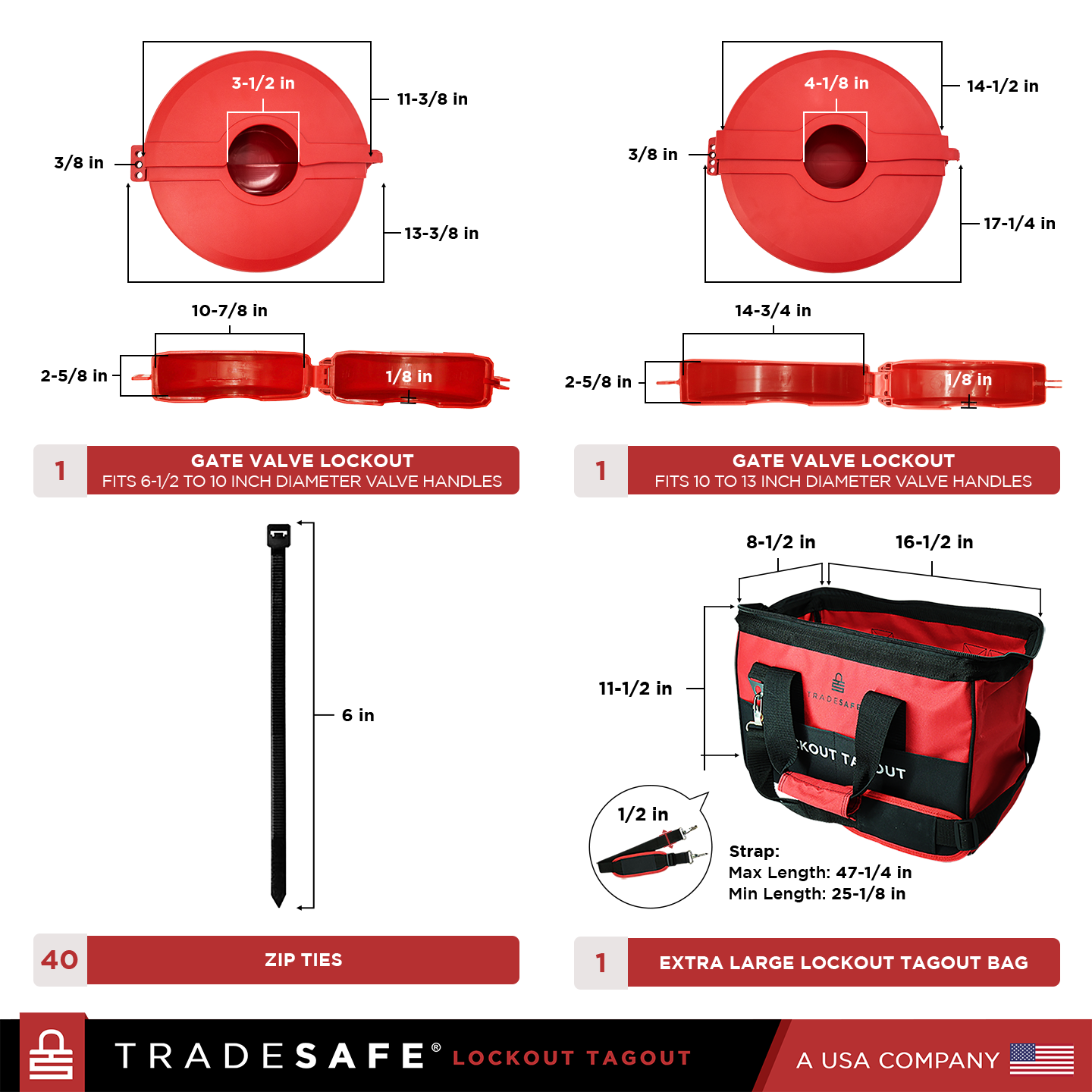 dimensions and quantities of gate valve lockouts and extra large lockout tagout bag