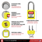 infographic of a yellow loto lock with 2 keys indicating materials used in each part
