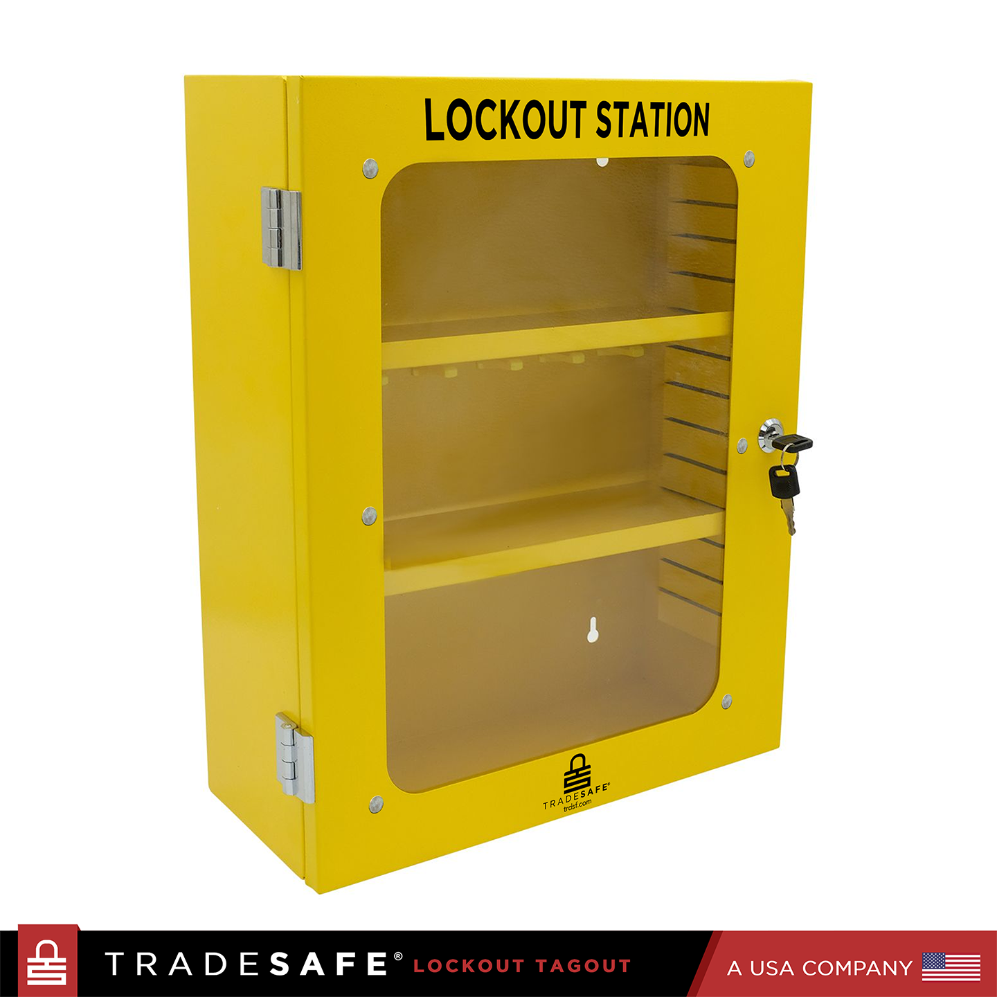 slanted view of an empty yellow lockout tagout station