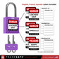 purple loto padlock with english, spanish and french labels included