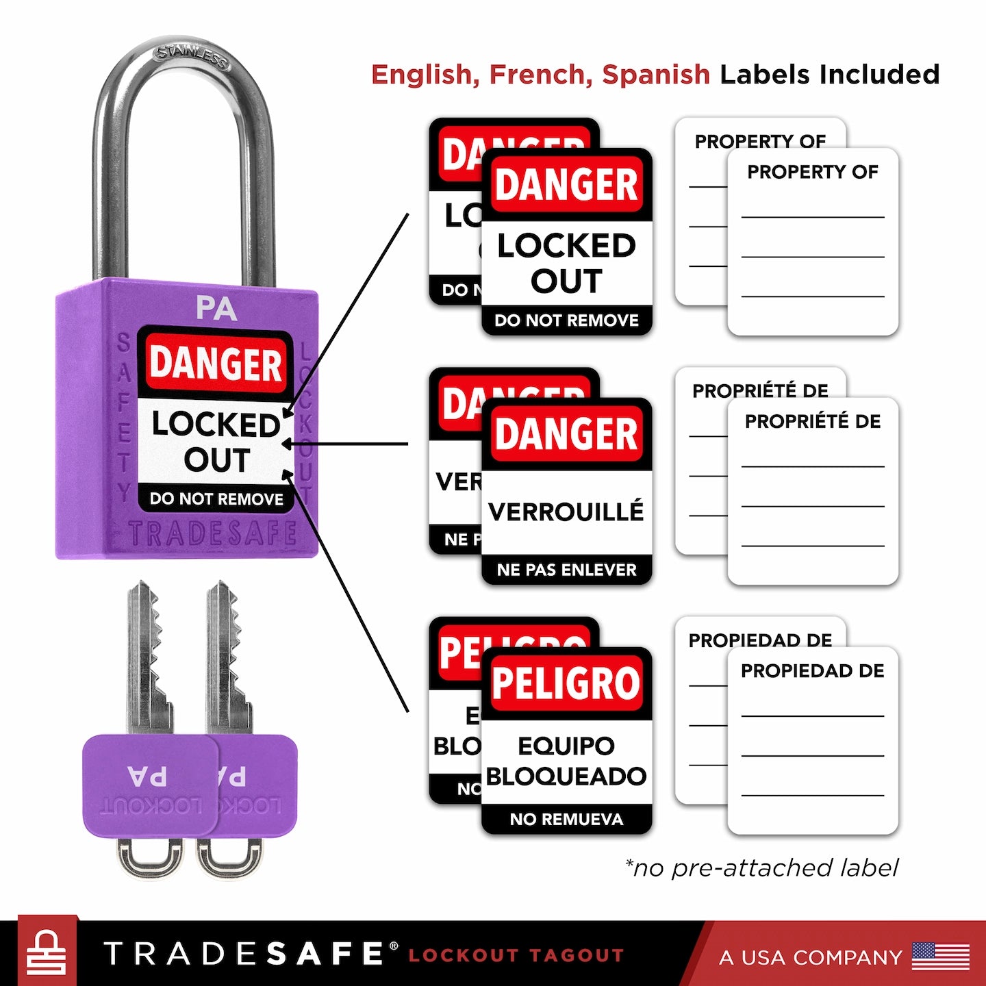 purple loto padlock with english, spanish and french labels included
