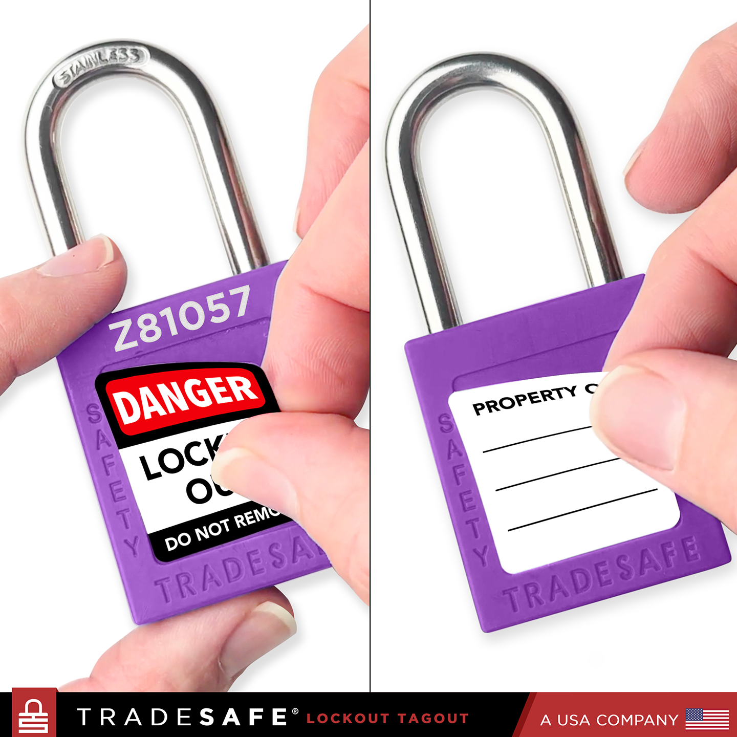 front and back adhesive vinyl padlock labels applied to lock