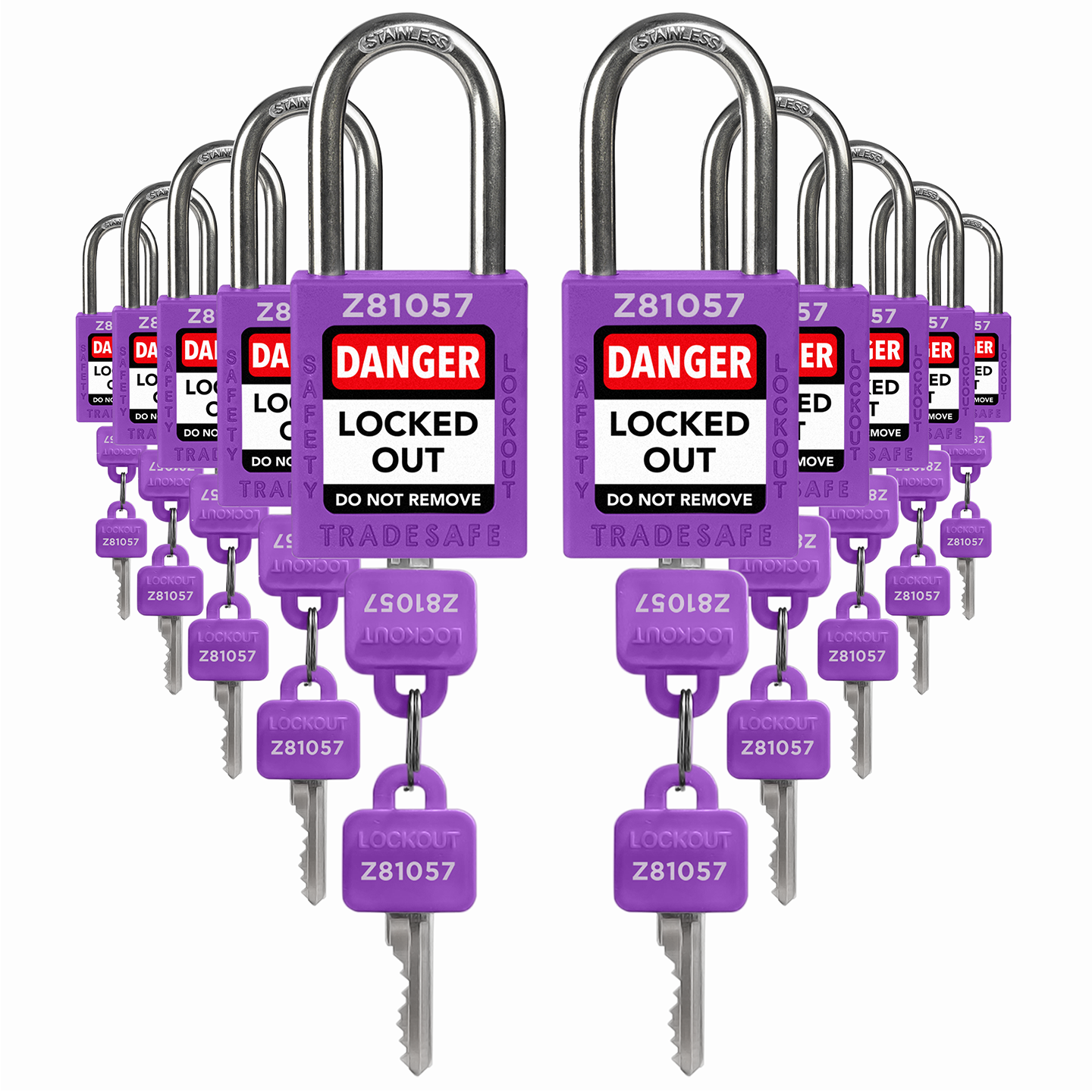 ten purple loto padlocks: 2 keys each, with codes on keys and body