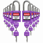 ten purple loto padlocks: 2 keys each, with codes on keys and body