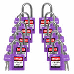 ten purple loto padlocks: 2 keys each, with codes on keys and body