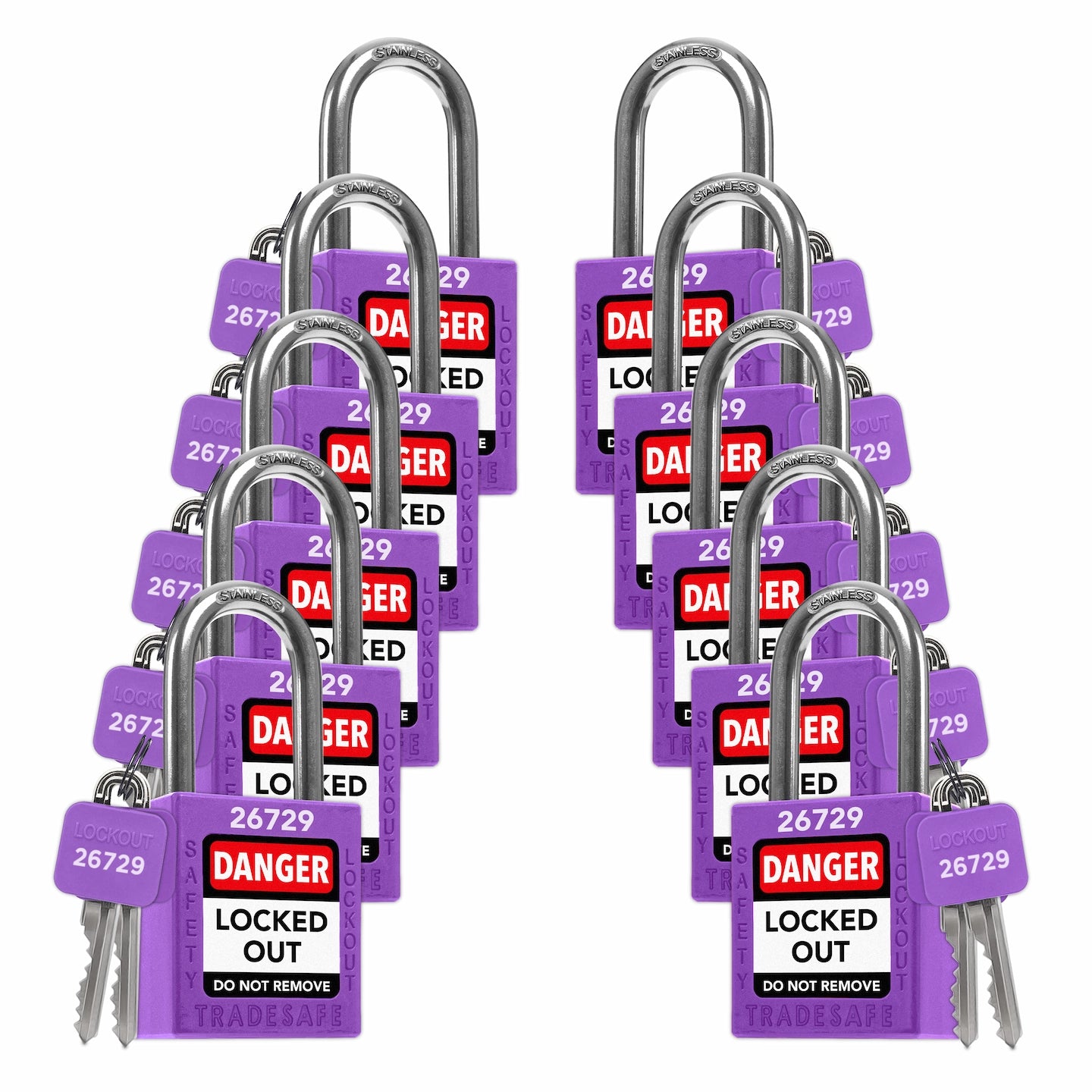 ten purple loto padlocks: 2 keys each, with codes on keys and body