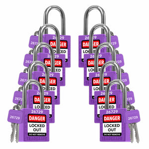 ten purple loto padlocks: 2 keys each, with codes on keys and body