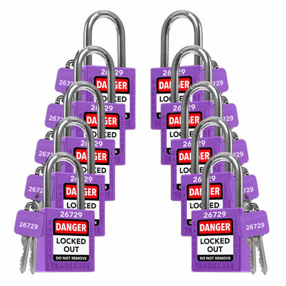 ten purple loto padlocks: 2 keys each, with codes on keys and body
