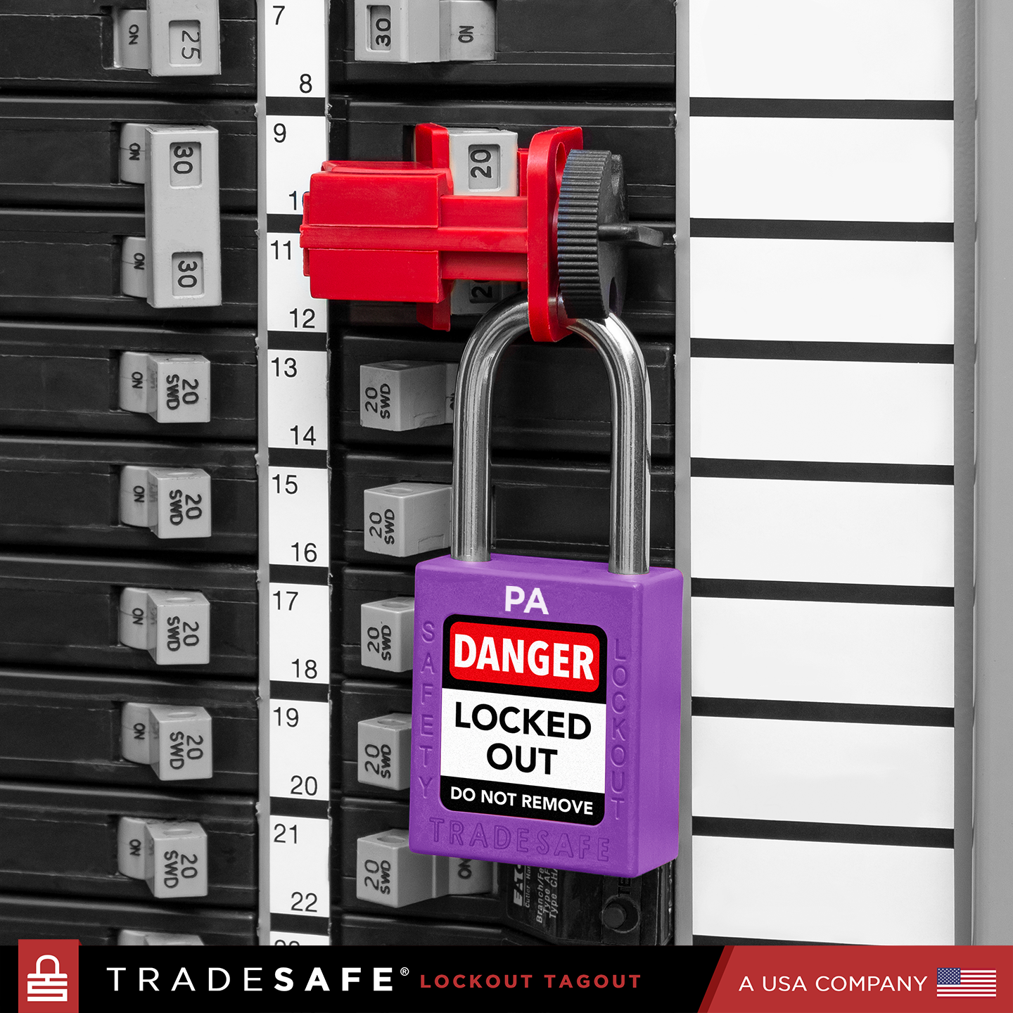 a purple loto padlock in use along with a universal multipole circuit breaker lock