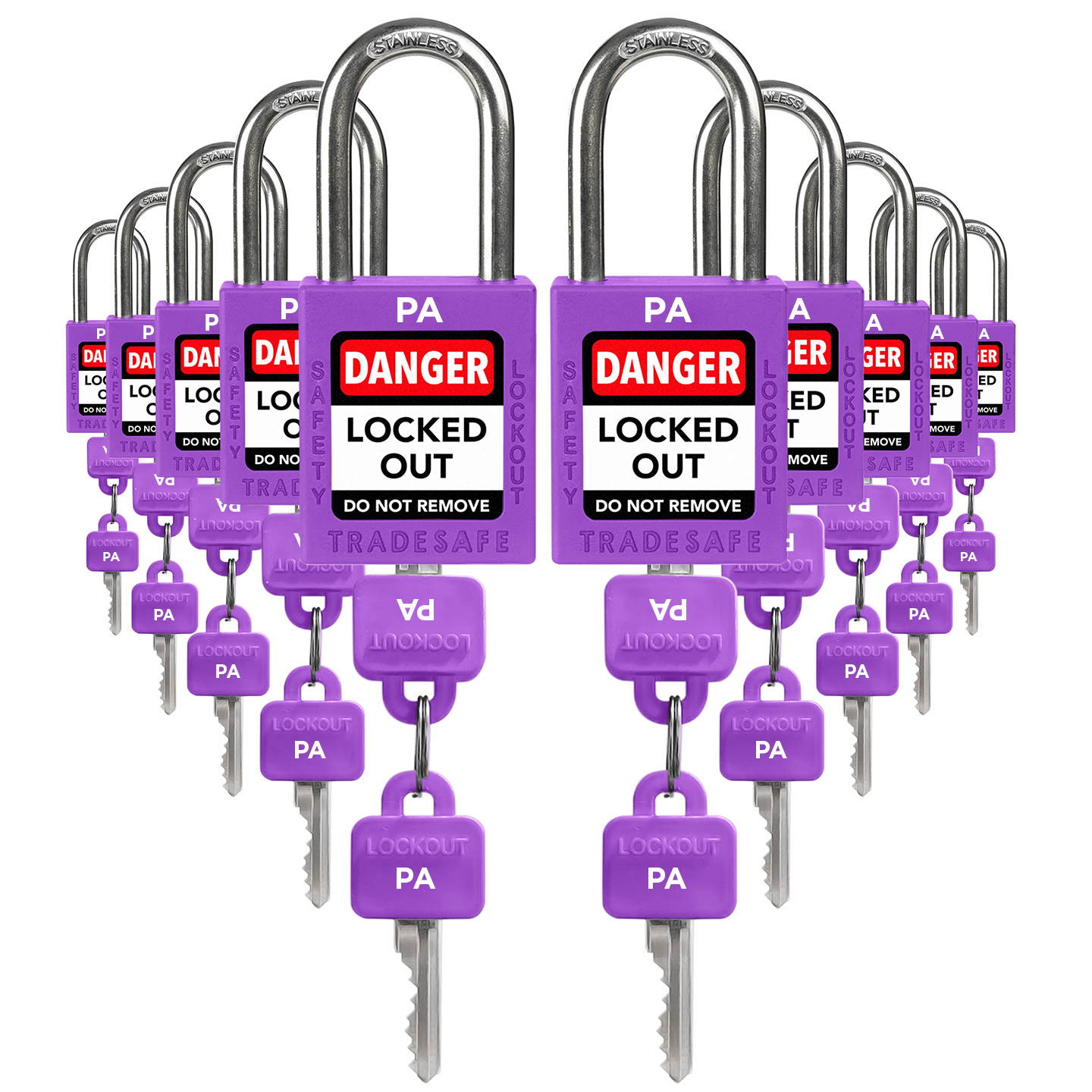 ten purple loto padlocks, each with two keys and a PA letter code on both the lock body and the keys