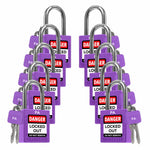 ten purple loto padlocks, each with two keys and a PA letter code on both the lock body and the keys