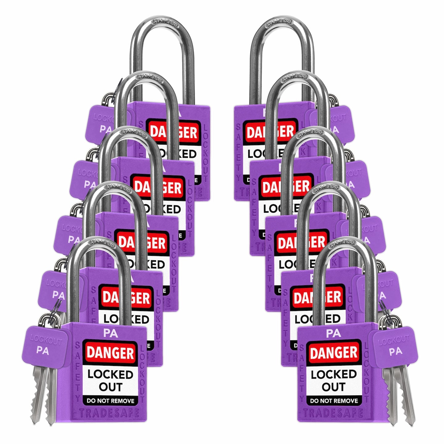 ten purple loto padlocks, each with two keys and a PA letter code on both the lock body and the keys