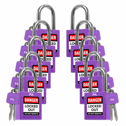ten purple loto padlocks, each with two keys and a PA letter code on both the lock body and the keys