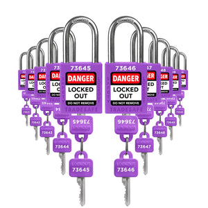 ten purple loto padlocks: 2 keys each, unique five-digit code on keys and body