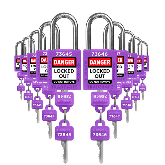 ten purple loto padlocks: 2 keys each, unique five-digit code on keys and body