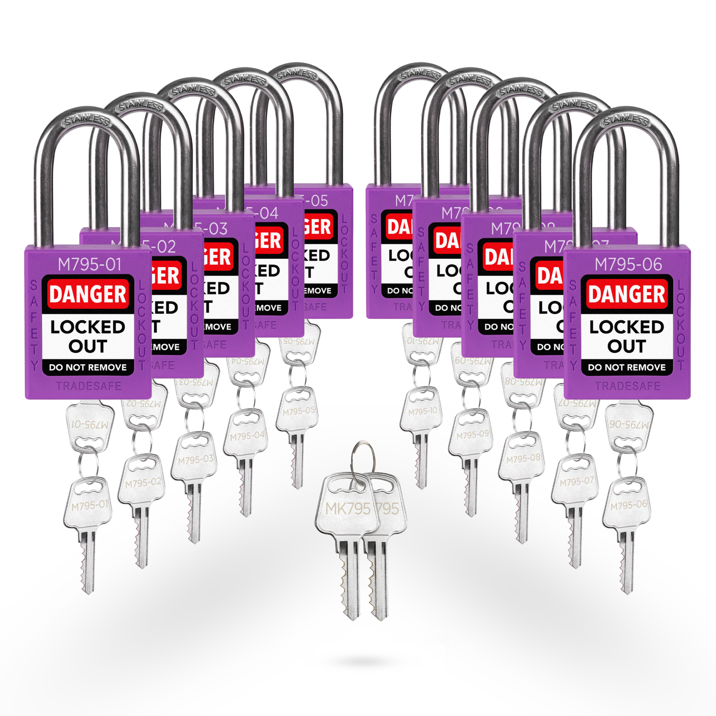 set of 10 purple keyed different locks with master key