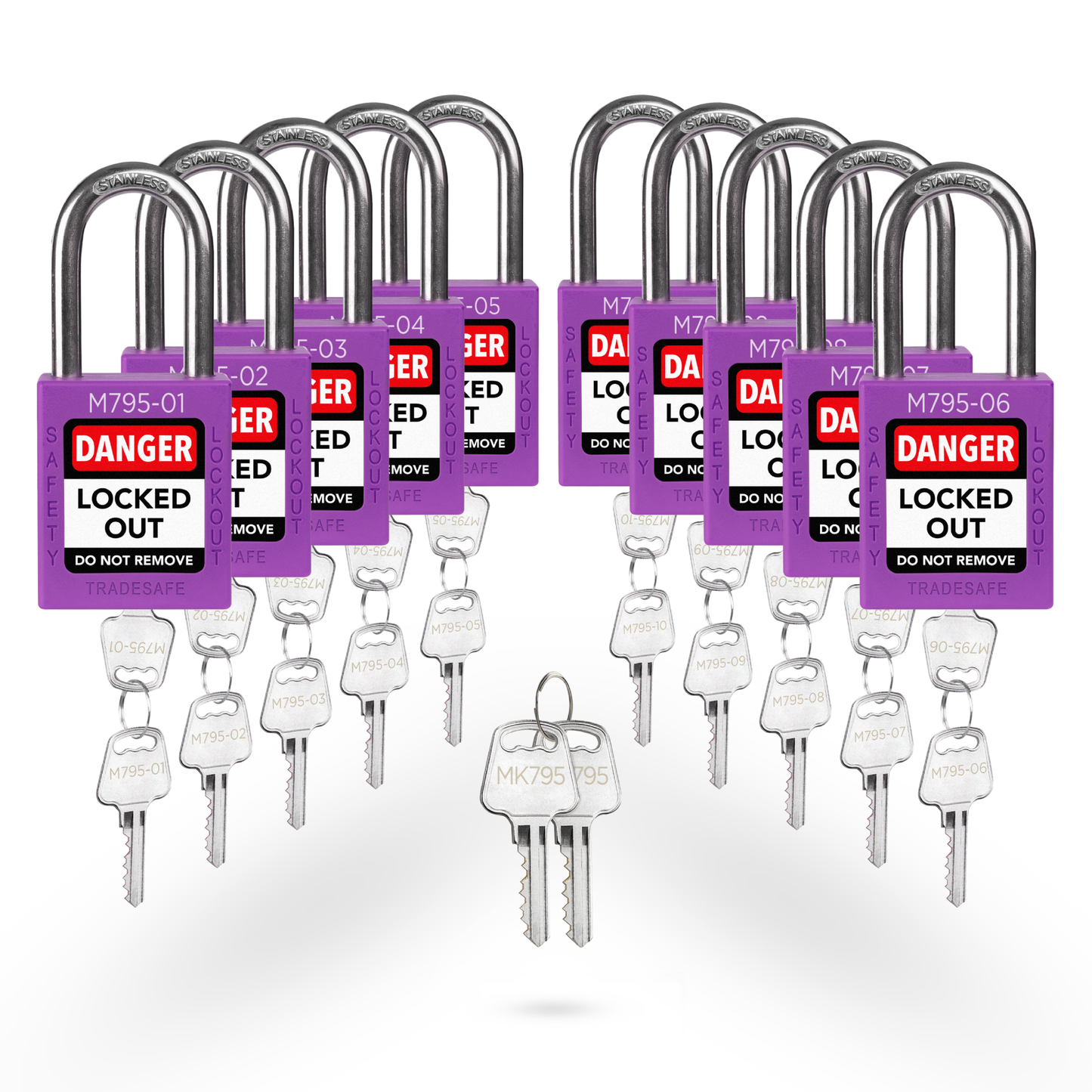 10 Purple Master Keyed Lockout Locks - Keyed Different - 2 keys | TRADESAFE