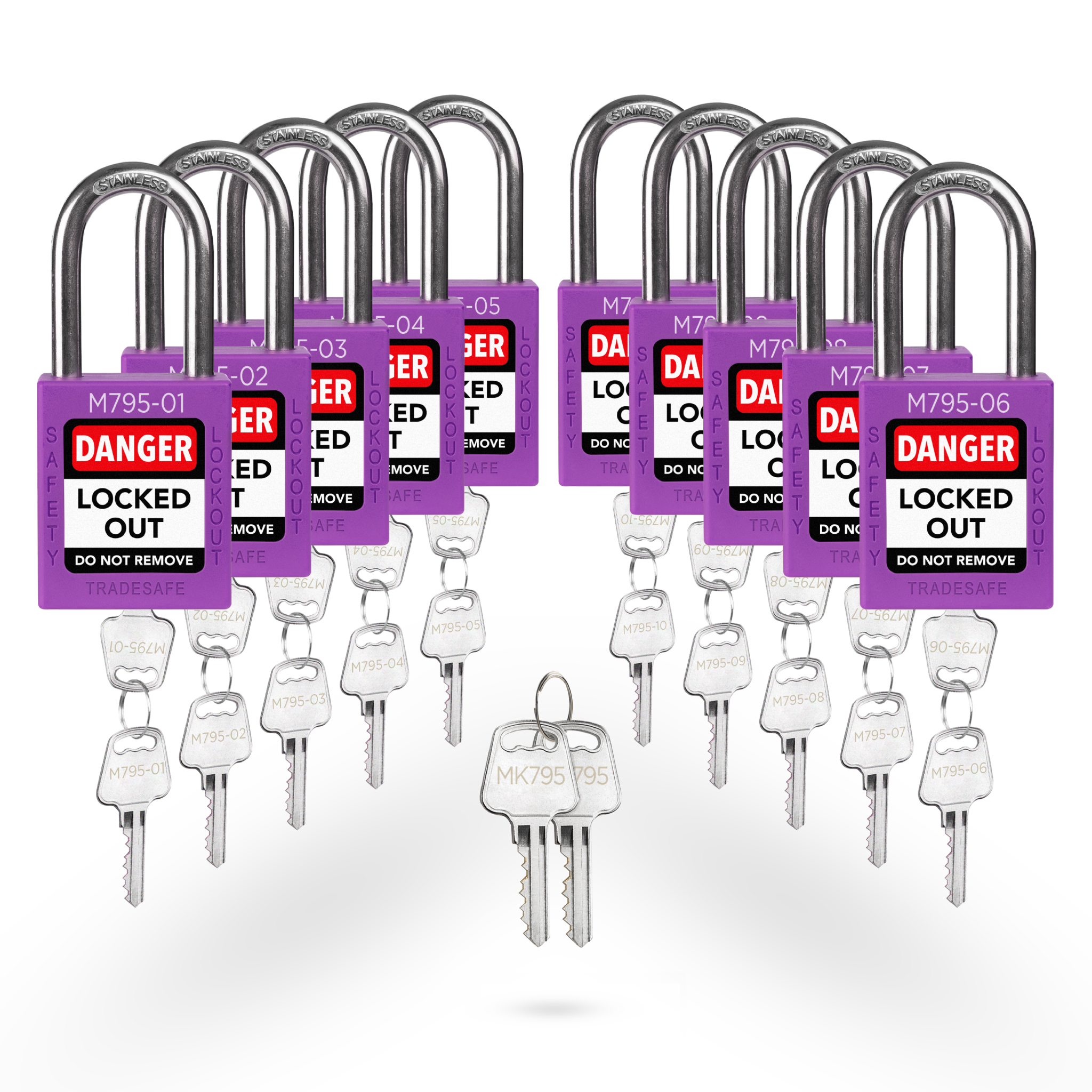 Keyed Different Lockout Locks with Master Keys - 10 Purple Padlocks - 2 Keys Per Lock