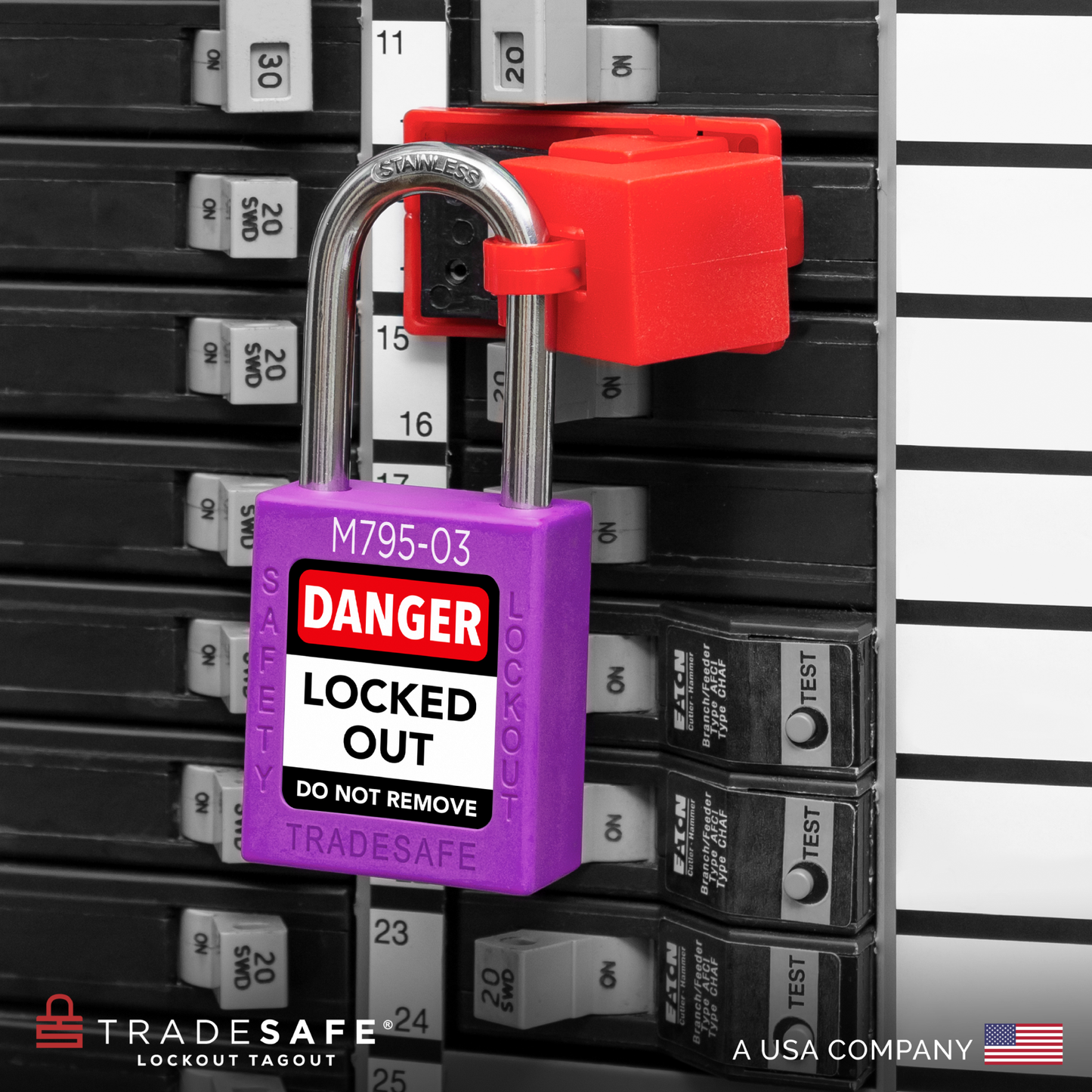 lifestyle shot of purple padlock in use with clamp-on circuit breaker lock