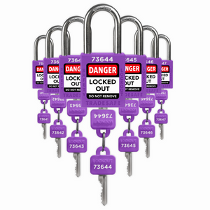 seven purple loto padlocks, each with two keys and a unique five-digit code engraved in both keys and padlock body