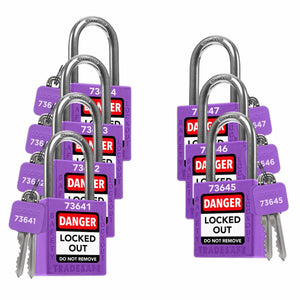 seven purple loto padlocks, each with two keys and a unique five-digit code engraved in both keys and padlock body