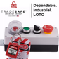 infographics of emergency push button cover in-use with text; prevents unauthorized access