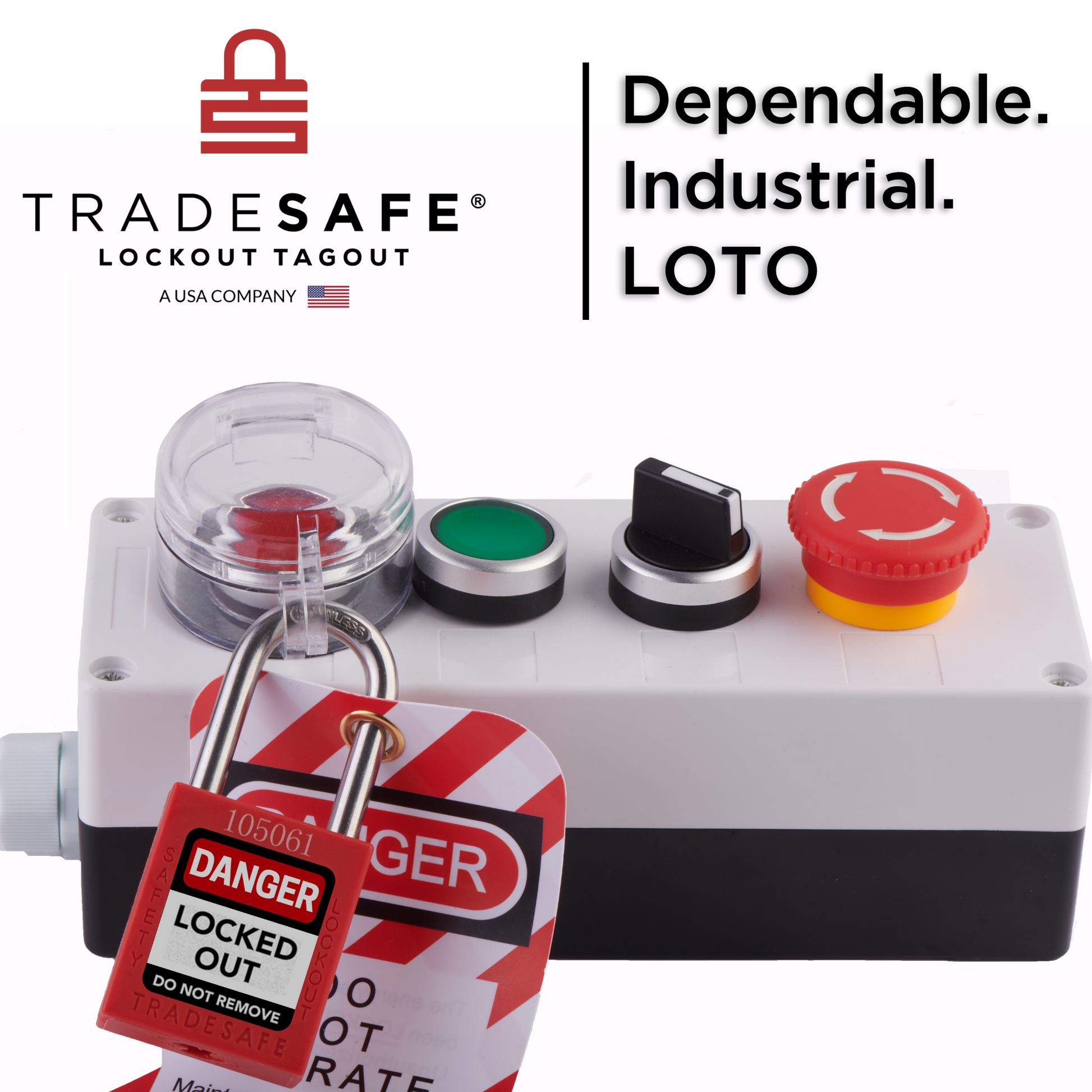 infographics of emergency push button cover in-use with text; prevents unauthorized access