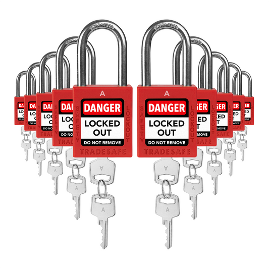 ten red loto padlocks: 2 keys each, A code on keys and body