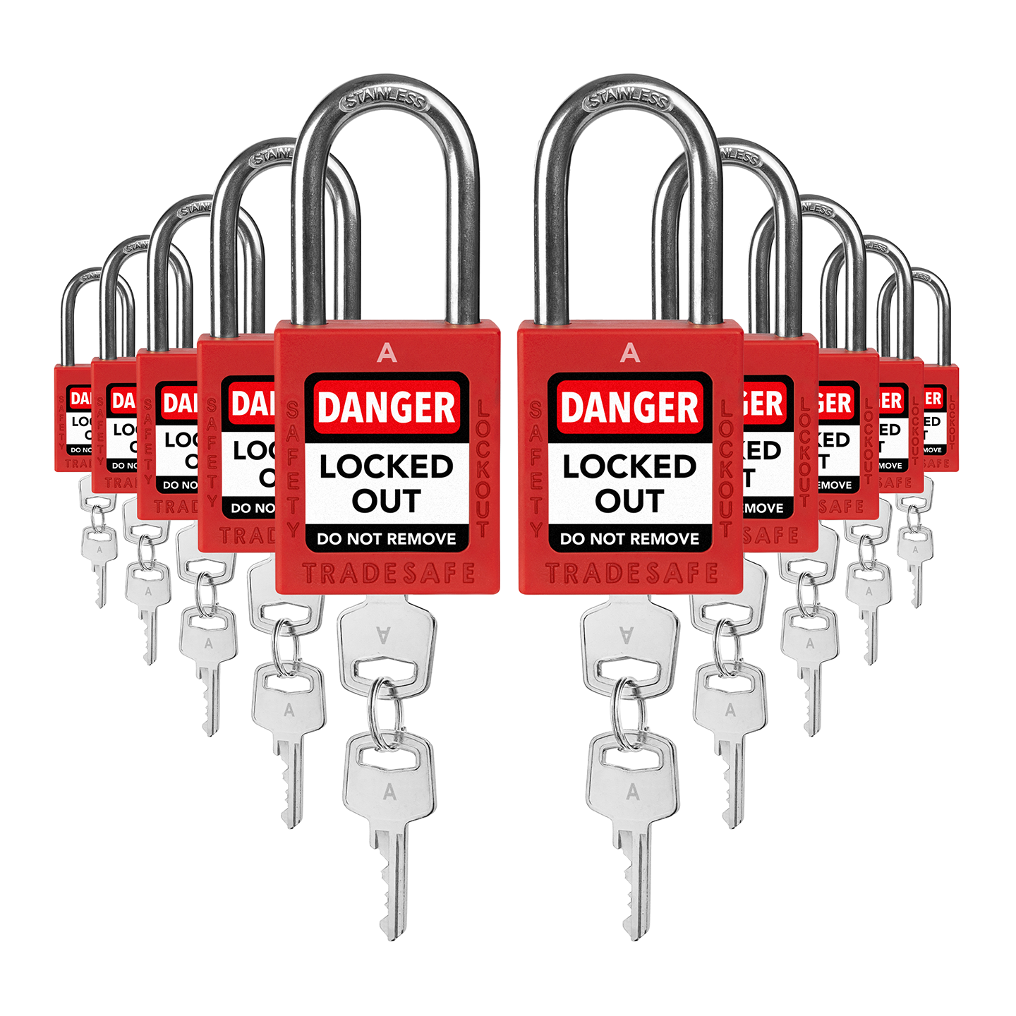 ten red loto padlocks: 2 keys each, A code on keys and body