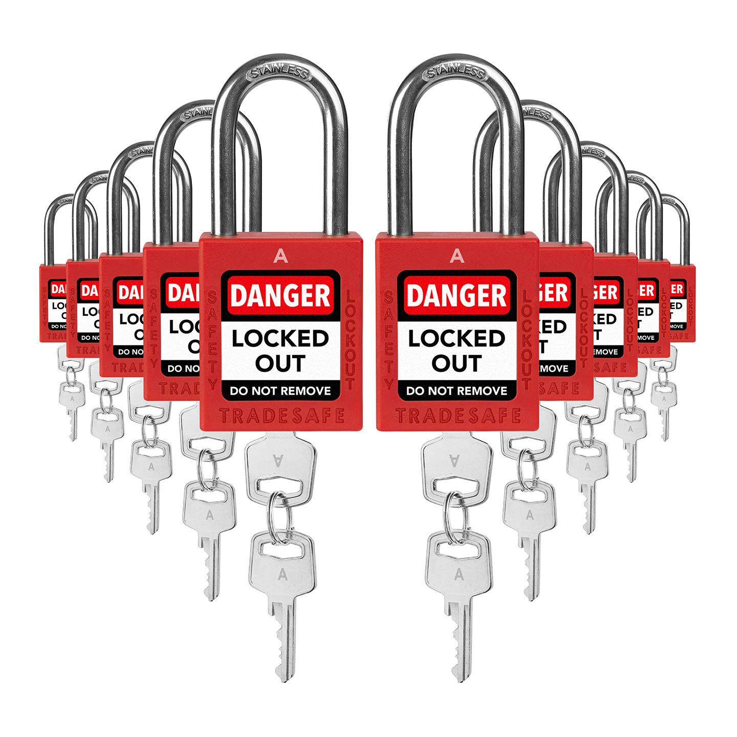Candados con llaves iguales ilimitados: 10 candados rojos - 2 llaves por candado
