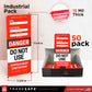 Industrial pack of Tradesafe Lockout Tagout 'Do Not Use' scaffold inspection tags, showing the 15 mil thick single tag size, dimensions, a 50-pack display box, and a close-up of the seal area.