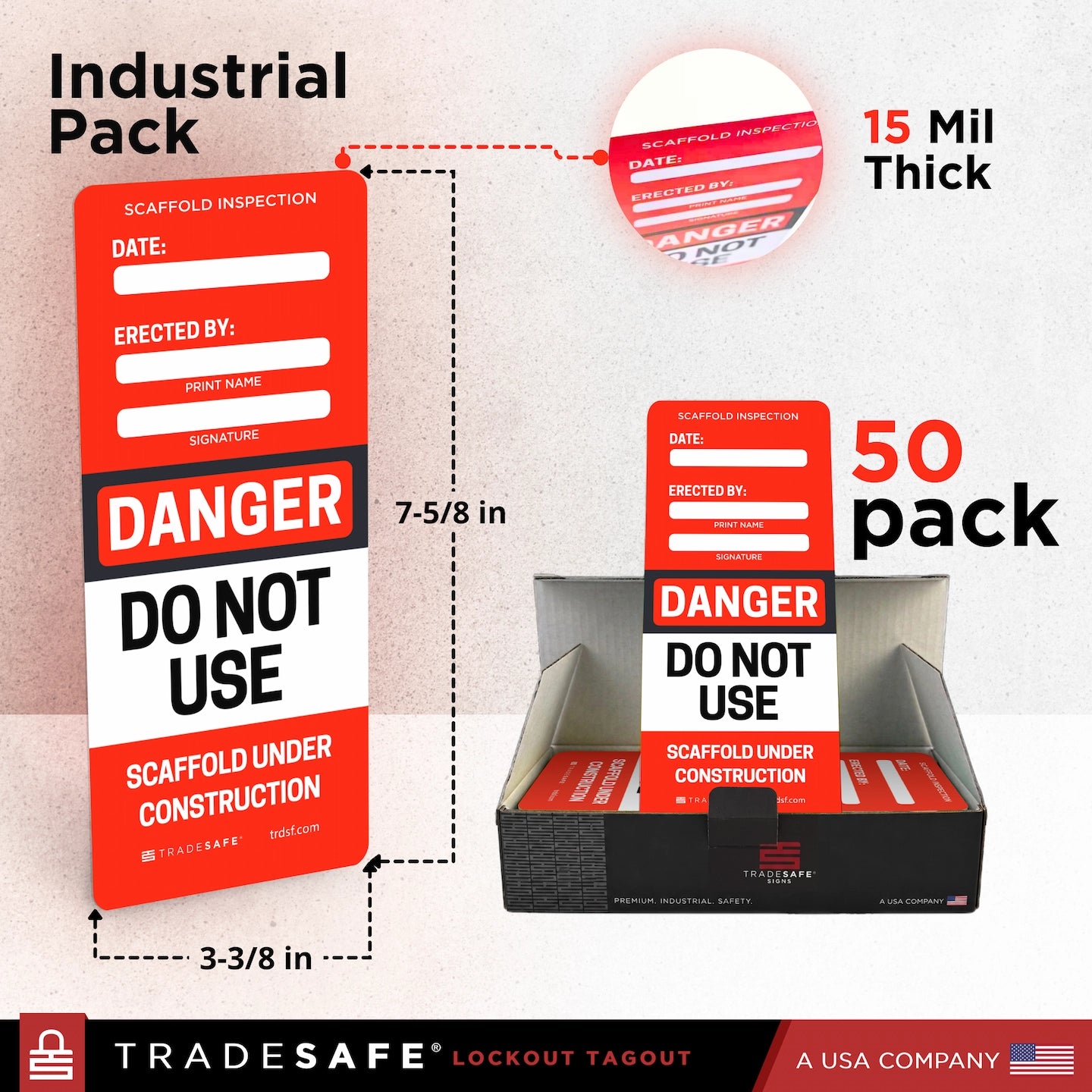 Industrial pack of Tradesafe Lockout Tagout 'Do Not Use' scaffold inspection tags, showing the 15 mil thick single tag size, dimensions, a 50-pack display box, and a close-up of the seal area.