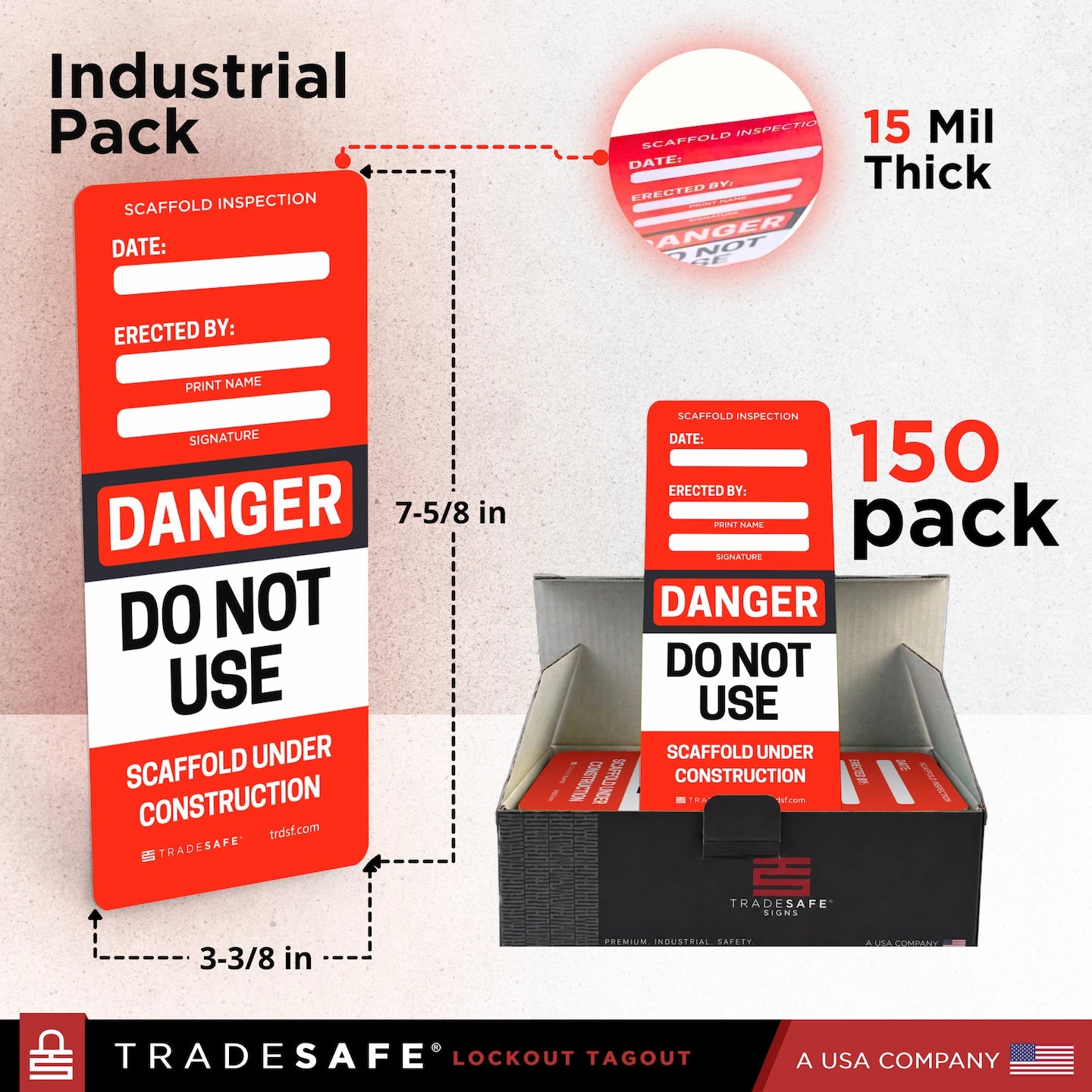 Industrial pack of Tradesafe Lockout Tagout 'Danger Do Not Use' tags, showing the 15 mil thick single tag size, dimensions, a 150-pack quantity, and an open display box on a light textured background.