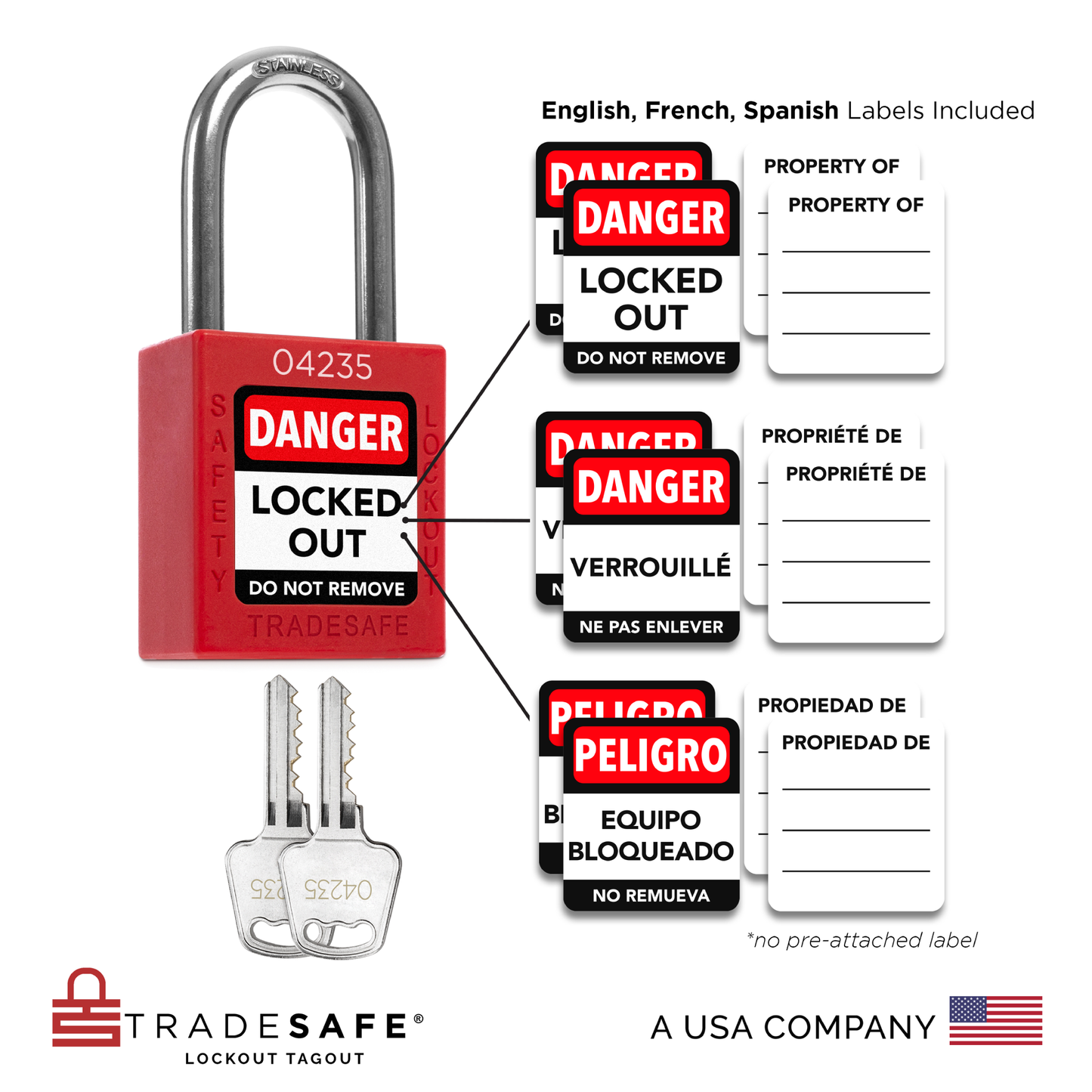 infographic of red keyed alike padlock with 2 keys and 6 padlock labels in english, spanish, and french language