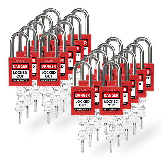 20 red loto padlocks, each with two keys and a uniform five-digit code on both the lock body and the keys