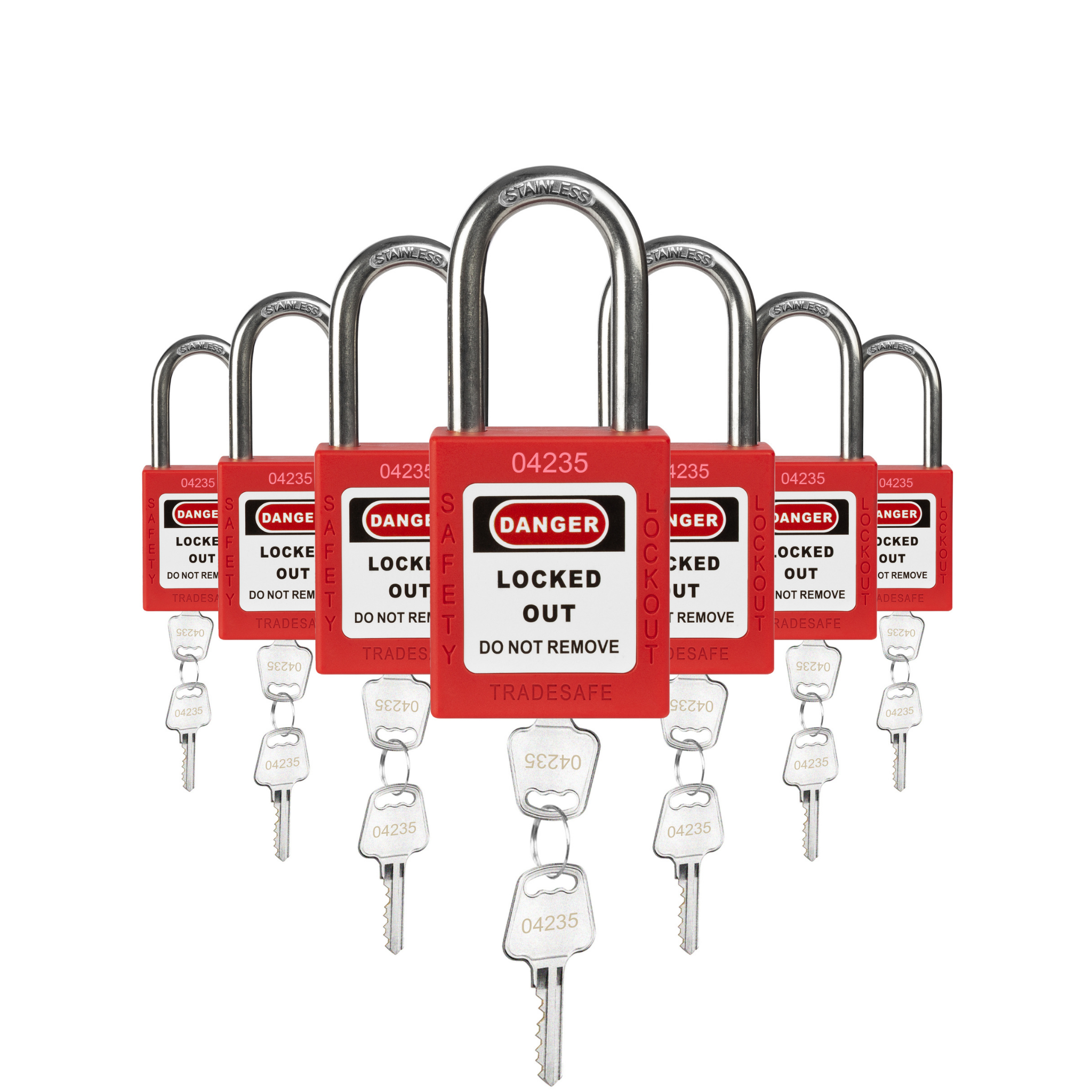Keyed Alike Lockout Locks - 7 Red Padlocks - 2 Keys Per Lock