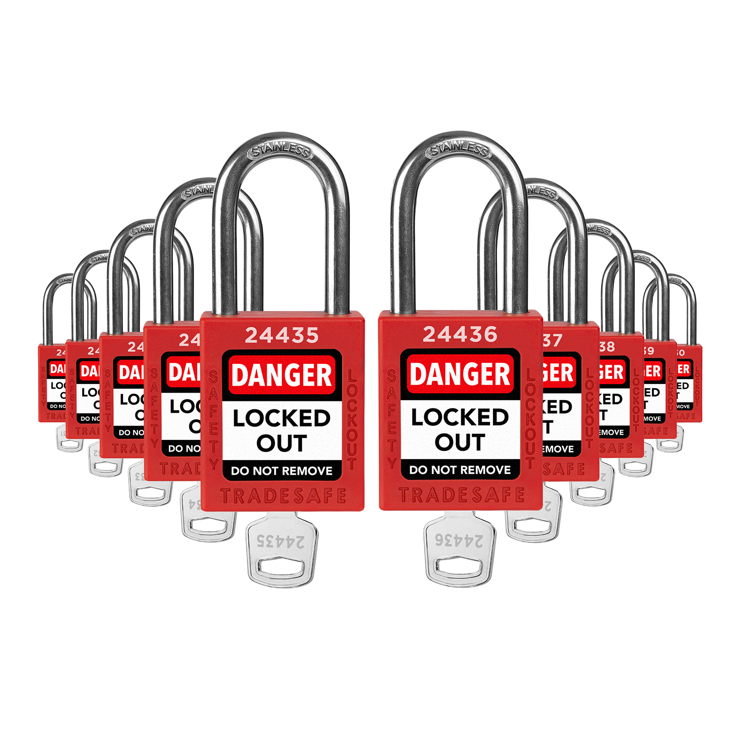 Red Keyed Different Lockout Locks - 1 Key - 10 Pack | TRADESAFE