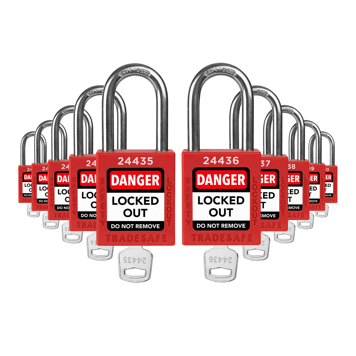 Keyed Different Lockout Locks - 10 Red Padlocks - 1 Key Per Lock